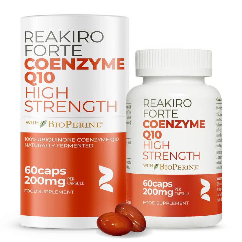 Reakiro Forte Coenzyme Q10 200mg of CoQ10 per Capsule, 60pcs I High Strength Naturally Fermented Co Enzyme Q10 Supplement with BioPerine I Expertly Crafted for Optimal Energy and Vitality 60 count (Pack of 1)