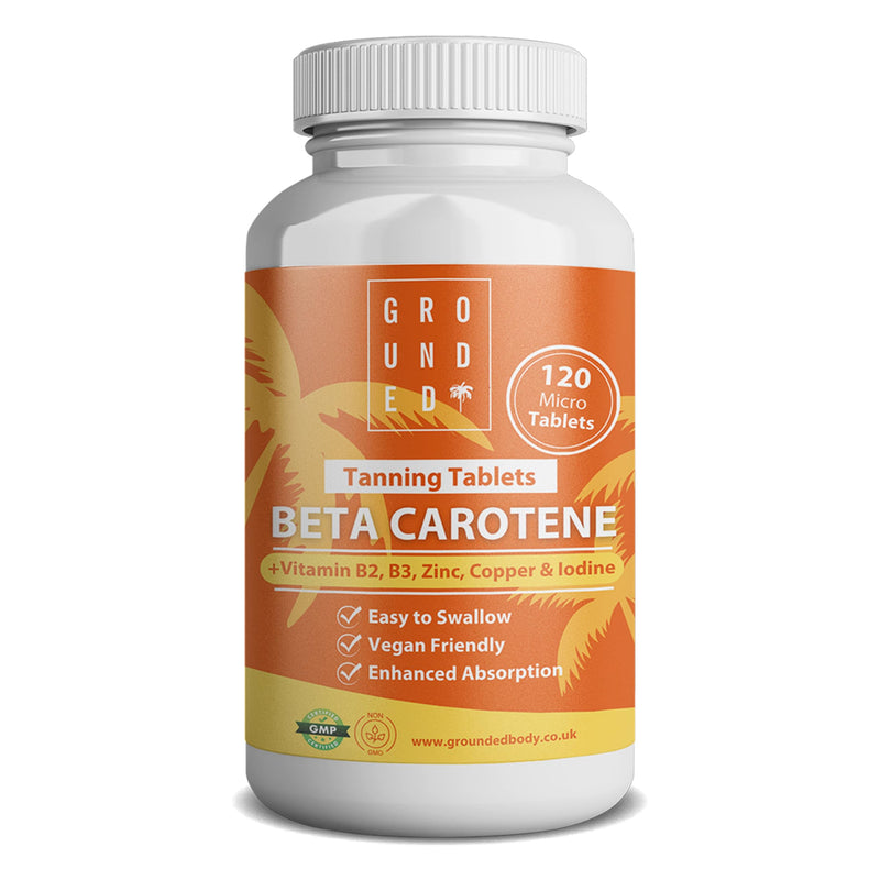 Grounded Beta Carotene Tanning Tablets | 120 Tablets, 4 Month Supply | with Zinc, Vitamin A, B2, B3, Copper & Iodine | High Strength Antioxidant Support | Vegan-Friendly & Made in the UK 120 count (Pack of 1)