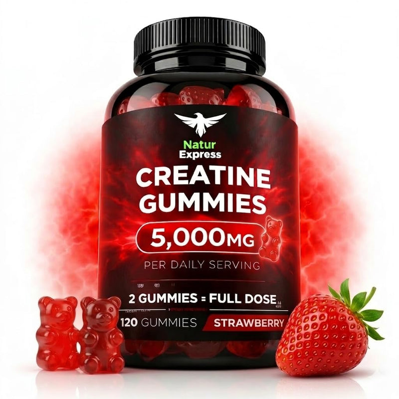 Creatine Gummies 5000mg | Creatine Monohydrate Gummies – Chewable Creatine Supplement for Men & Women | 120 Vegan Gummies Easy Pre & Post Workout Gym Support for Performance and Muscle Power Strawberry