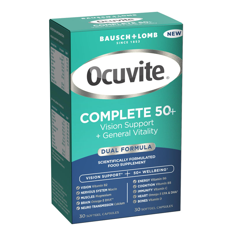 Ocuvite Complete 50+ Eye Supplement - Supports the Visual System & 50+ Wellbeing by Bausch + Lomb – Lutein and Zeaxanthin Supplement with Omega 3 DHA & EPA, Vitamin B6 & Vitamin D, 2 Capsules Per Day