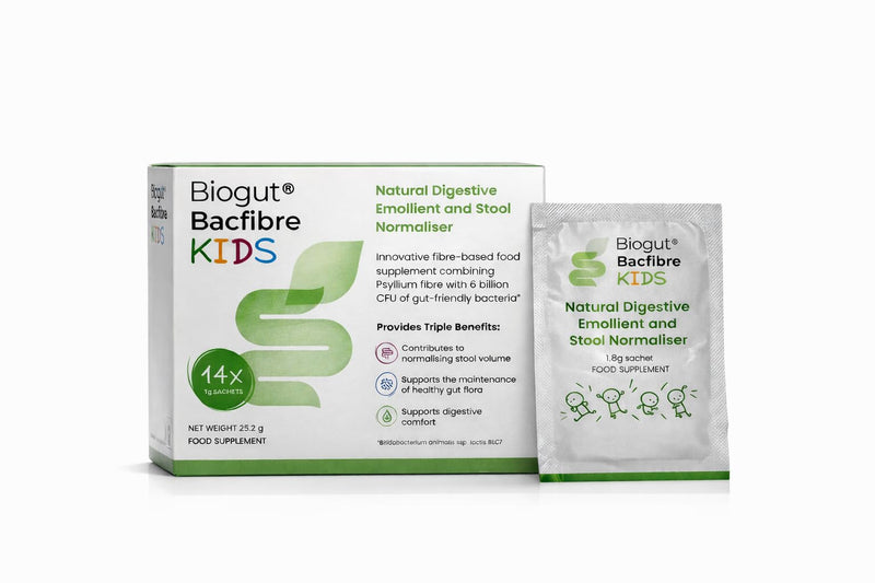 Biogut Bacfibre Kids Psyllium Husk (Ispaghula Husk) Fibre with High Strength 6 Billion Friendly Bacteria - Supports Constipation Relief and Stool Regularity -14 Sugar Free Sachets