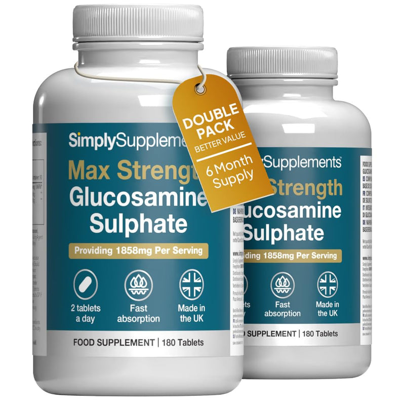 Max Strength Glucosamine Sulphate 2KCl | Supports Active Lifestyles | 1858mg per Serving | Marine Sourced | 360 Tablets = 6 Months’ Supply | Manufactured in The UK in Accordance with GMP Standards Unflavoured 180 count (Pack of 2)