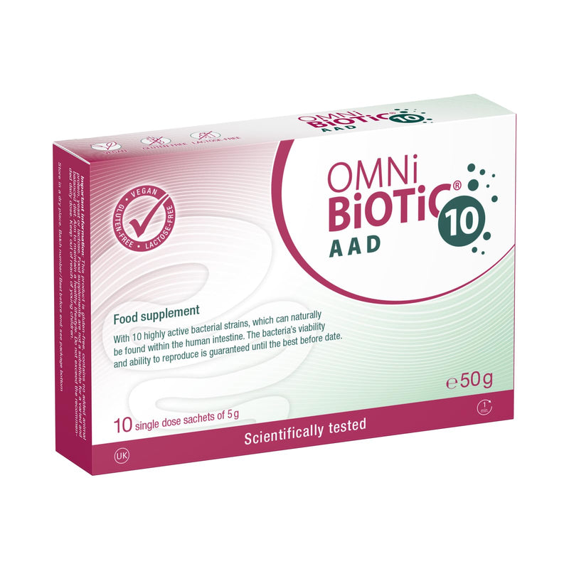 OMNi BiOTiC 10 AAD | Probiotic for Antibiotics | Use During and After Any Course of Antibiotics | 10 Sachets (50 g) | Powder | with Inulin | Vegan | Gluten-Free | Lactose-Free Vanilla