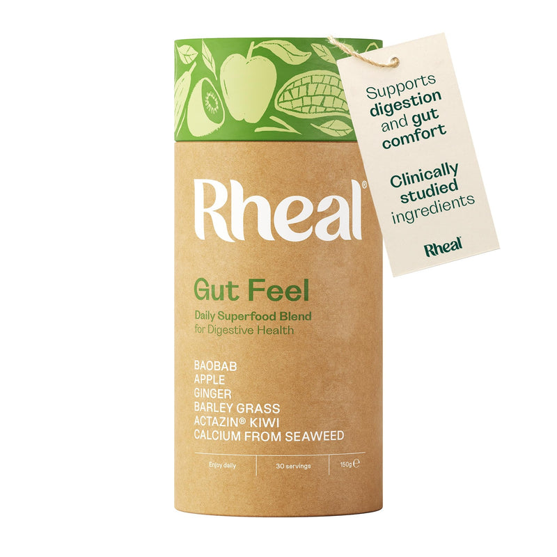 Rheal Gut Feel 150g – Gut Health Superfood Blend with Actazin® Kiwi, Aquamin® Calcium & Ginger – Supports Digestion, Bloating & Bowel Regularity – Gluten-Free. 30 Servings