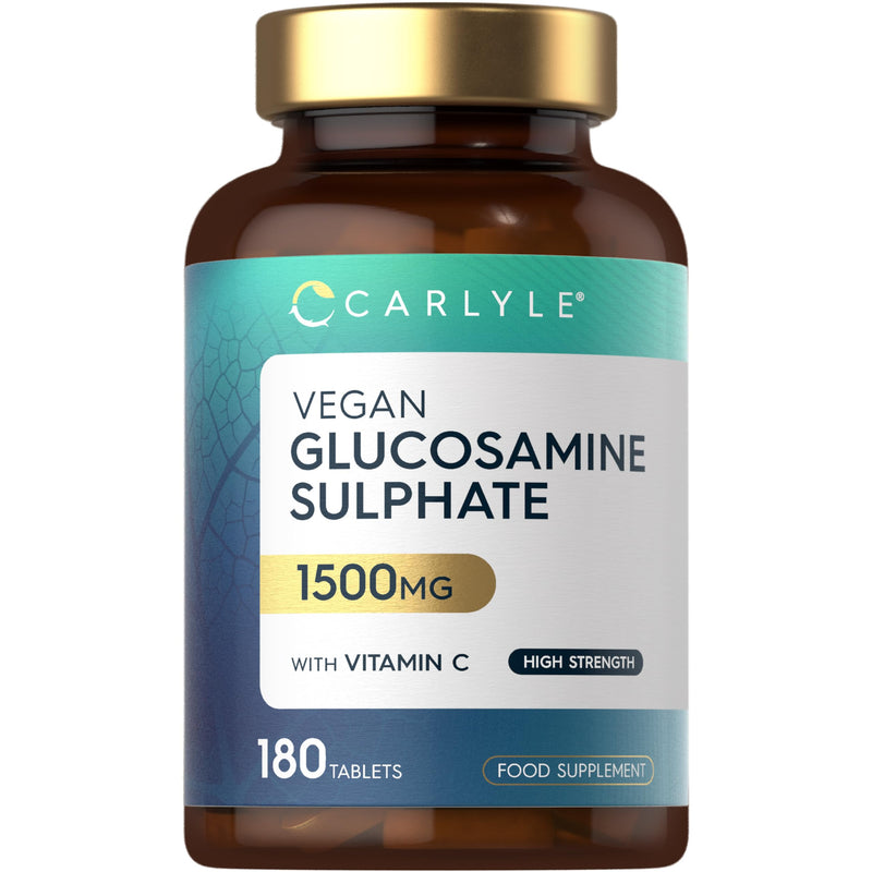 Vegan Glucosamine Sulphate 2KCl 1500mg | with 24mg Vitamin C | 180 High Strength Tablets | Glucosamine 2KCl Supplement | By Carlyle