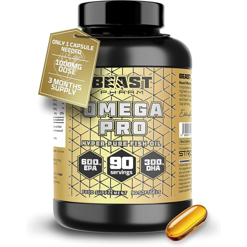 Beast Pharm Omega 3 Capsules High Strength 1000mg per Capsule - 90 Softgels, 3 Month Supply - Omega 3 Fish Oil Triple Strength Supplements 600mg EPA, 300mg DHA 90 count (Pack of 1)