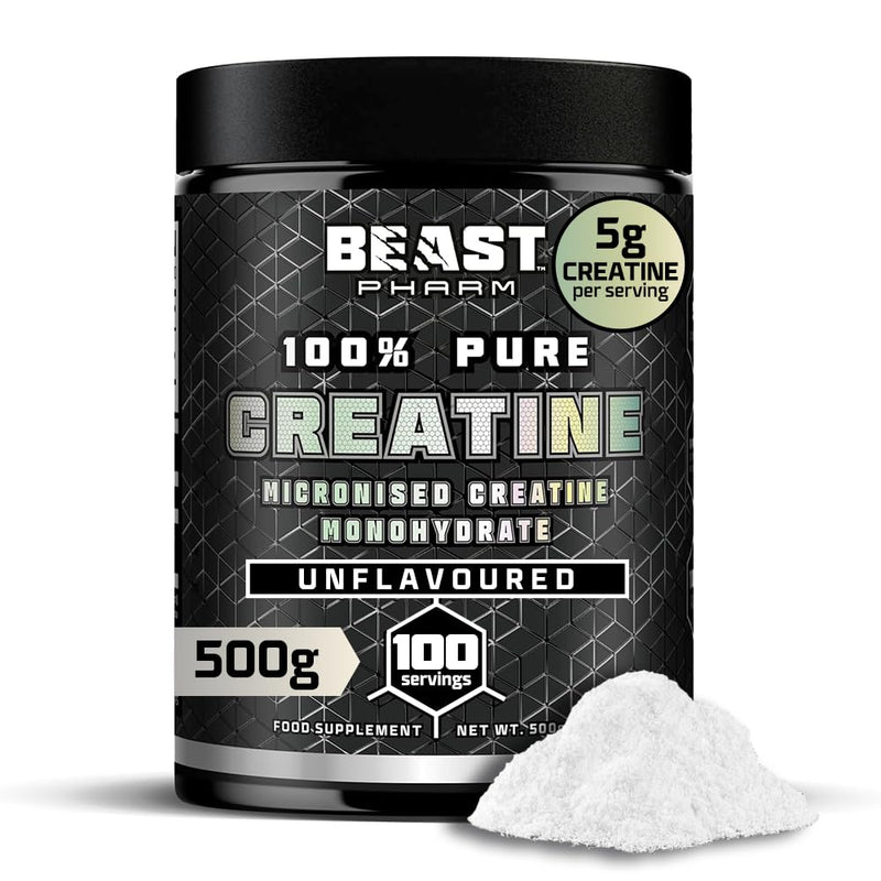 Beast Creatine Monohydrate Powder 100 Servings (500g) Easy Dissolve 100% Pure Micronised Creatine Powder for Strength and Muscles - Unflavoured 100 Servings (500g)