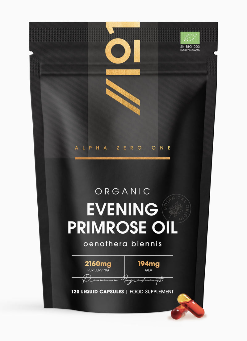 Organic Evening Primrose Oil 2160mg – 195mg GLA – 120 Vegan Liquid Capsules – Cold-Pressed Rich Source of Omega 6 – Resealable and Recyclable Pouch by Alpha01 1 count (Pack of 120)