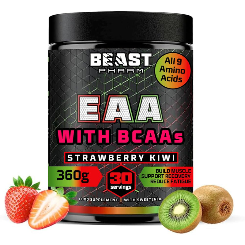 Beast Pharm 9 EAA Amino Acids with BCAA Powder 2:1:1 Ratio - Essential Amino Acids Powder - 360g - EAAs Recovery Drink - 30 Servings - Strawberry Kiwi