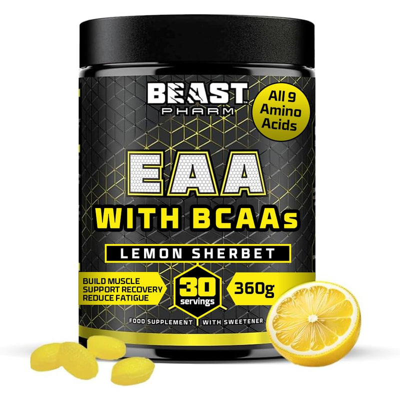 Beast Pharm 9 EAA Amino Acids with BCAA Powder 2:1:1 Ratio - Essential Amino Acids Powder - 360g - EAAs Recovery Drink - 30 Servings - Lemon Sherbet