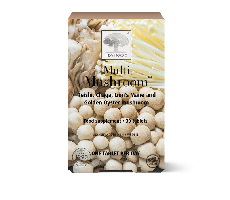 New Nordic Multi Mushroom 600mg, 30 Vegan Tablets, Golden Oyster, Reishi, and Chaga, High Antioxidant Blend, Ergothioneine Source