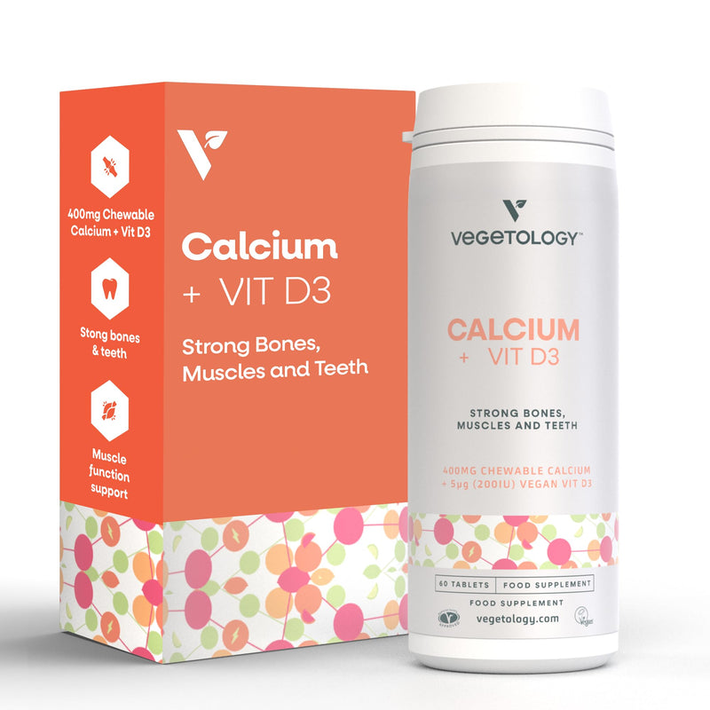Vegetology Calcium Tablets and Vitamin D3, Chewable Vegan Supplement, Helps Maintain Strong Bones and Support Muscle Function, 60 Count, Age 11+