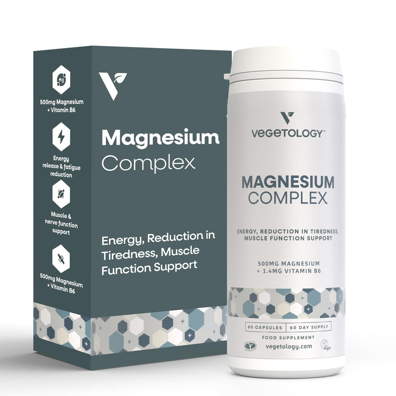 Vegetology Magnesium Supplements with Vitamin B6, 3-in-1 Complex, 60 Vegan Capsules, High Strength, Supports Energy, Muscle Function, and Overall Wellness, Age 11+