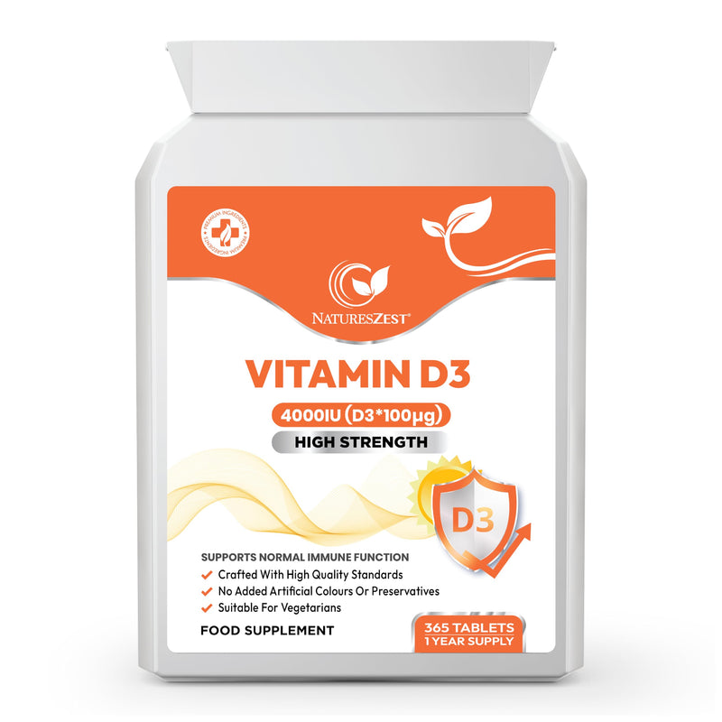 NATURES ZEST - Vitamin D3 4000 IU (100µg), High Strength D3 Vitamin for Calcium Absorption, Immune Support, Strengthen Bones, Teeth & Muscles | Vegetarian, Easy to Swallow, 365 tabs (1 Year Supply)