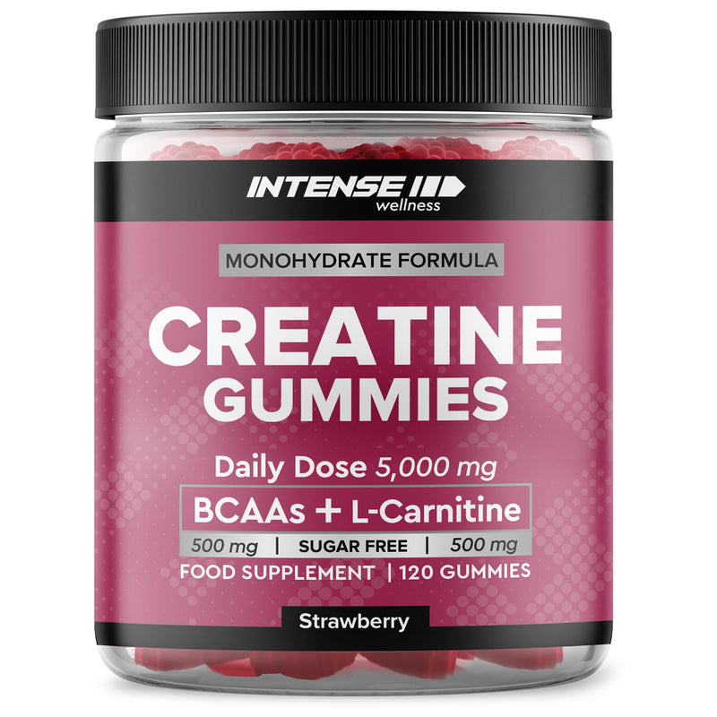 Creatine Monohydrate Gummies 5000mg - Sugar Free Vegan Pre Workout Chews - BCAAs 500mg, L-Carnitine 500mg - Gym Supplement for Men and Women, Strawberry, 120 Count 120 count (Pack of 1)