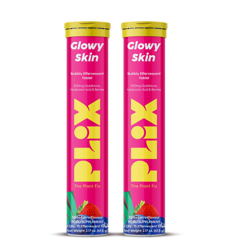 PLIX Glowy Skin 500mg Glutathione Supplement with Hyaluronic Acid, Vitamin C, E & Berries | 30 Effervescent Tablets, Strawberry Flavor 30 Tablets (Pack of 2)