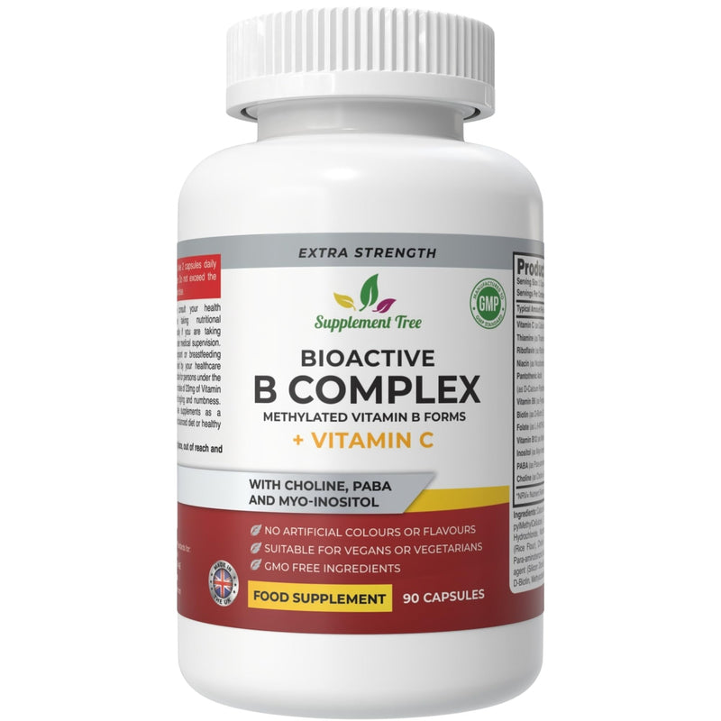 Bioactive B Complex with Vitamin C – Methylated B12, Folate (5-MTHF), B6 P5P, PABA, Choline, Inositol – High Strength, 90 Vegan Capsules – Non-GMO