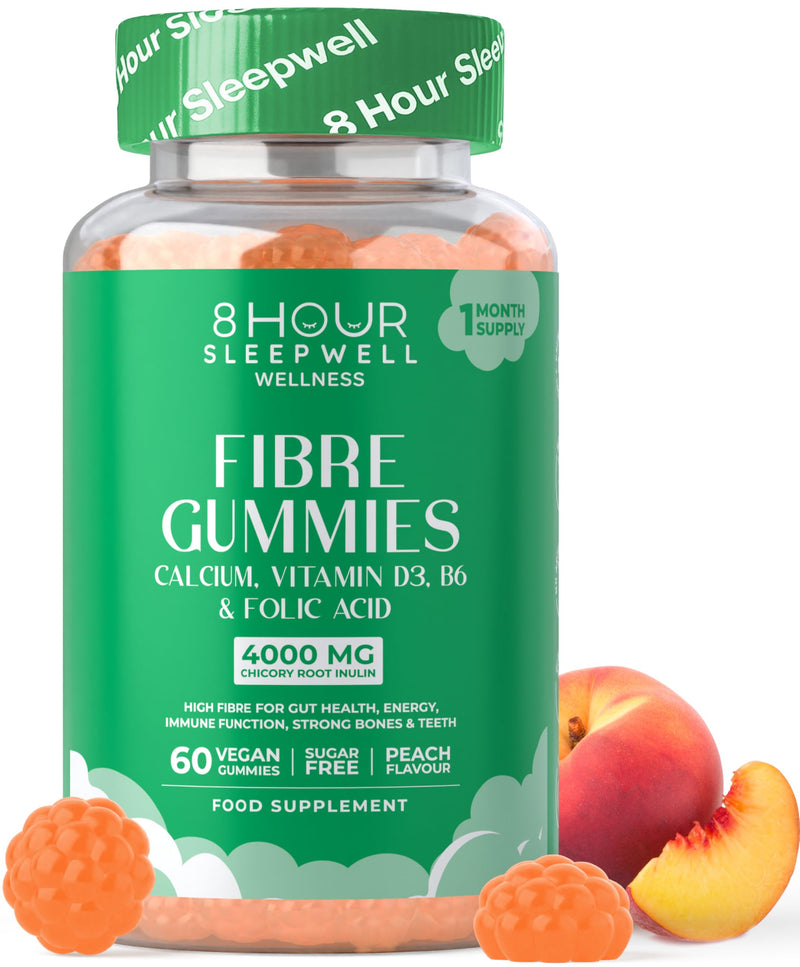 Fibre Gummies – 4g High Fibre Supplements | Gut Health & Digestion System Support | Vegan, Gluten-Free, Sugar-Free | Inulin, Calcium, Vitamin D3, B6 & Folic Acid | 1 Month Supply | Peach Flavour