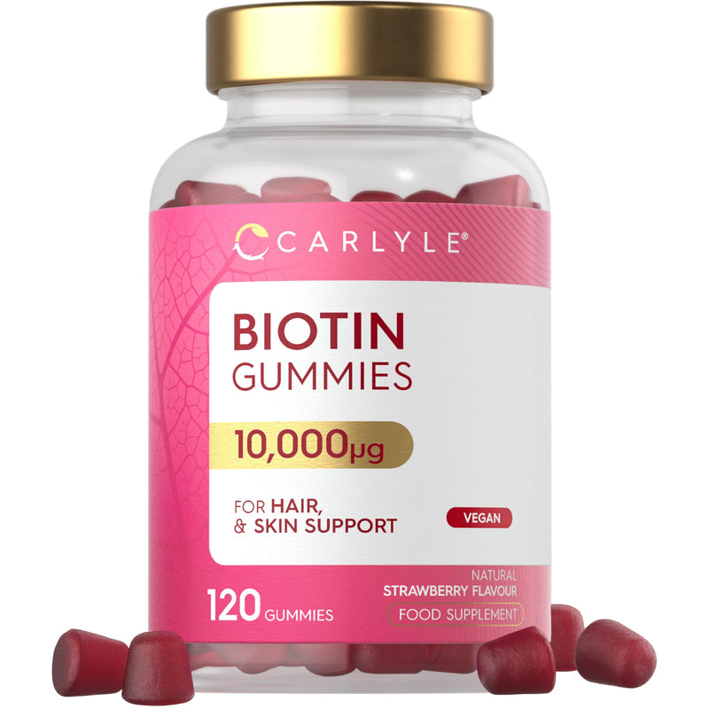Biotin Hair Growth Gummies 10,000mcg | 120 Count | Vitamin B7 | High Strength Supplement for Hair and Skin Support | Strawberry Flavour | Vegan | By Carlyle