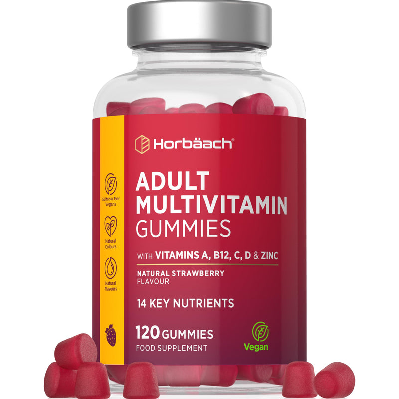 Multivitamin Gummies for Adults | 120 Count | Strawberry Flavoured | 14 Key A-Z Nutrients | with Vitamin A, B12, C, D, and Zinc | Vegan | By Horbaach