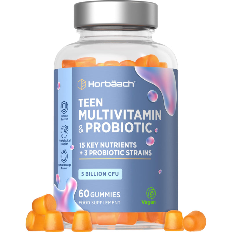 Teen Multivitamin Gummies with Probiotic | 60 Count | 15 Key Nutrients with Vitamin C, Biotin and Zinc | + 3 Biotic Strains | Natural Orange Flavour | Vegan | By Horbaach