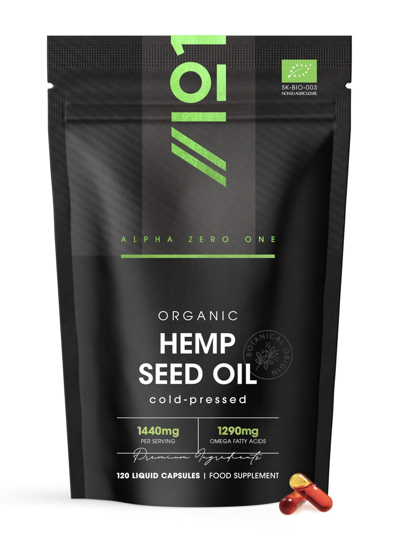 Organic Hemp Seed Oil 1440mg - Rich in Omega Fatty Acids – 120 Liquid Capsules – Cold-Pressed, Zero Additives – Resealable and Recyclable Pouch by Alpha01 1 count (Pack of 120)