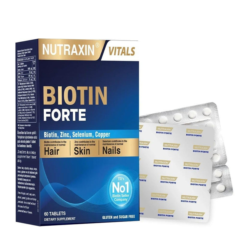 Nutraxin Biotin Forte for Stronger Hair, Radiant Skin & Nail Growth - 60 Tablets with Biotin 5000mcg Selenium, Zinc and Copper - Sugar & Gluten-Free - Suitable for Vegans, 2 Months Supply 60 count (Pack of 1)