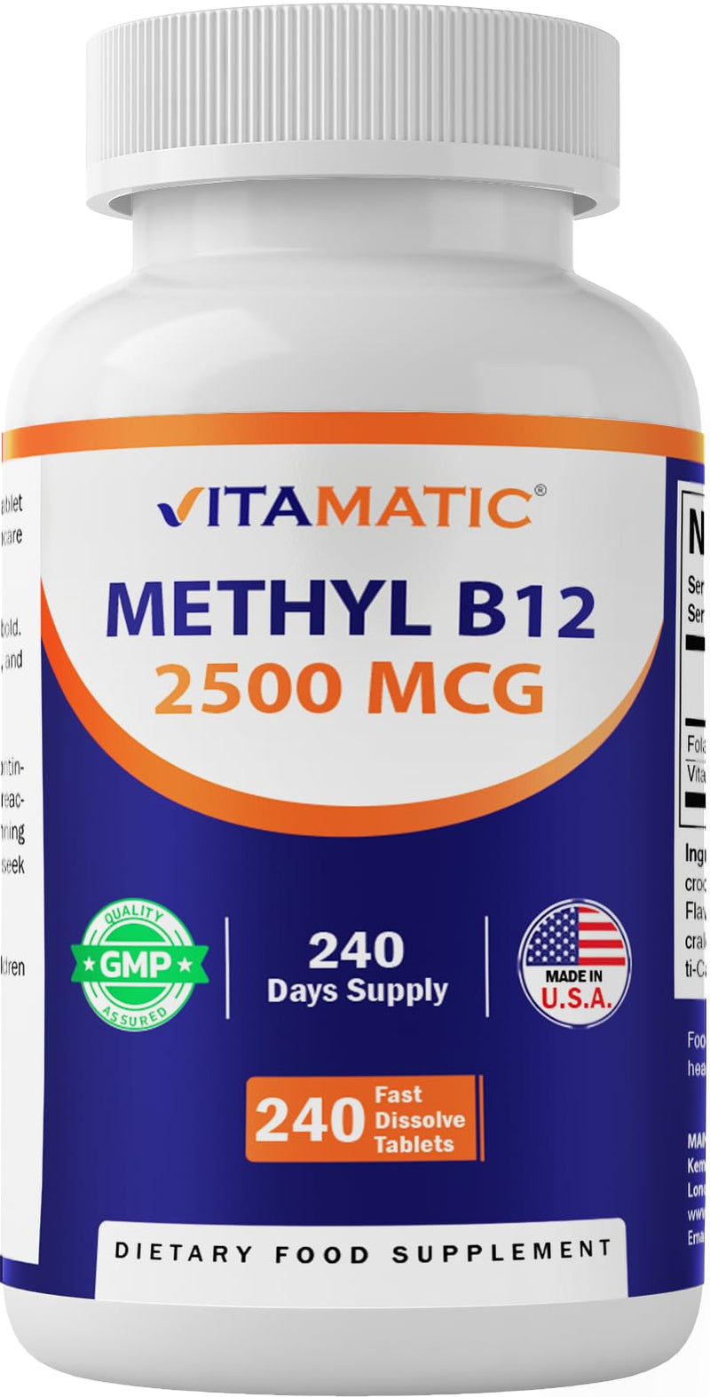 Vitamatic Methyl B12 2500 mcg with Folic Acid – Natural Berry Flavor – 240 Fast Dissolve Tablets – Methylcobalamin Vitamin B12 for Energy & Nervous System Support – Vegan & Non-GMO Supplement