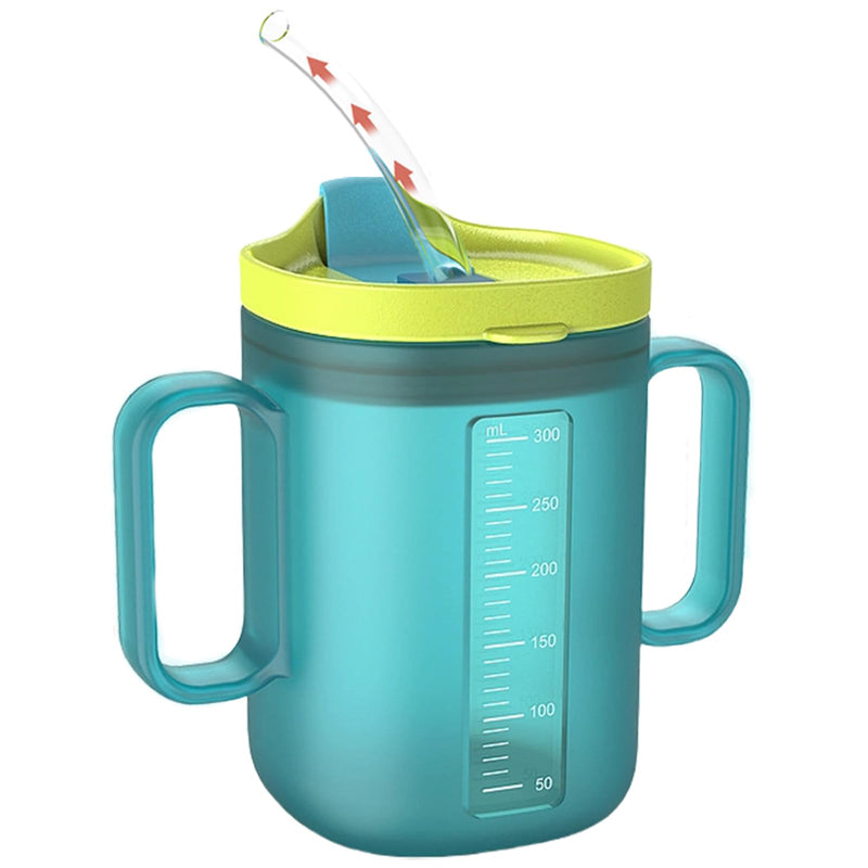 Spill Proof Sippy Cups for Seniors & Adults -10.2oz(300ml) Non-Spill Cups with 2 Handles & Straw Lid, Elderly Drinking Cups for Patients, Disabled, Pregnant Women, Dishwasher Safe (Blue)
