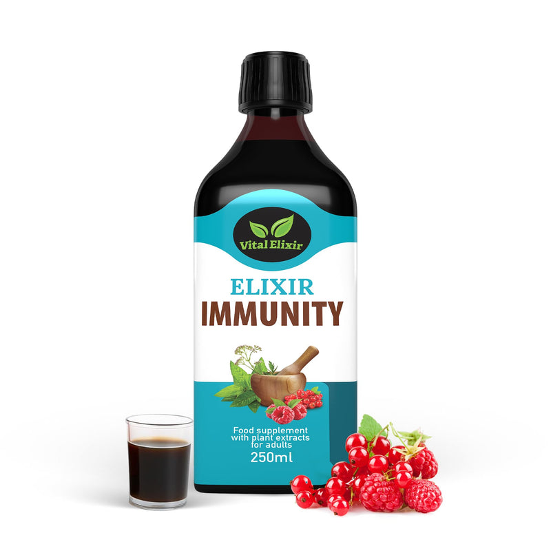Elixir Immunity Herbal Liquid Vitamins Supplement - Black Elderberry, Vitamin C, B12, Cardamom & Calendula - Immune Support, Energy & Digestive Comfort - Vegan, Natural Fruit Flavour, 250ml