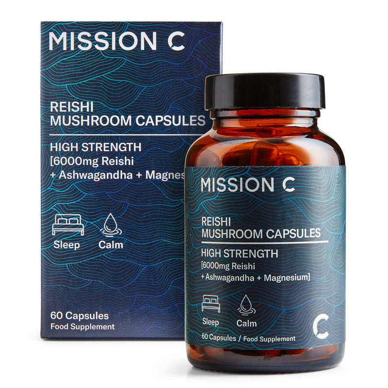 Reishi Mushroom Capsules 6000mg with Added Magnesium and Ashwagandha | Nootropic Supplement for Sleep, Relaxation, Calm | 60 Two-a-Day Vegan Capsules - Mission C Reishi, Vegan