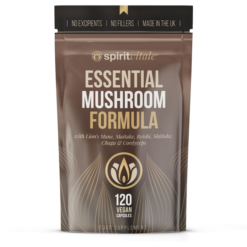 Essential Mushroom Formula | Focus, Cognitive Support, Immunity, Rest | Lion's Mane, Maitake, Reishi, Shiitake, Chaga & Cordyceps Blend | UK Certified Complex | NO Nasties | Vegan | SPIRIT VITALE