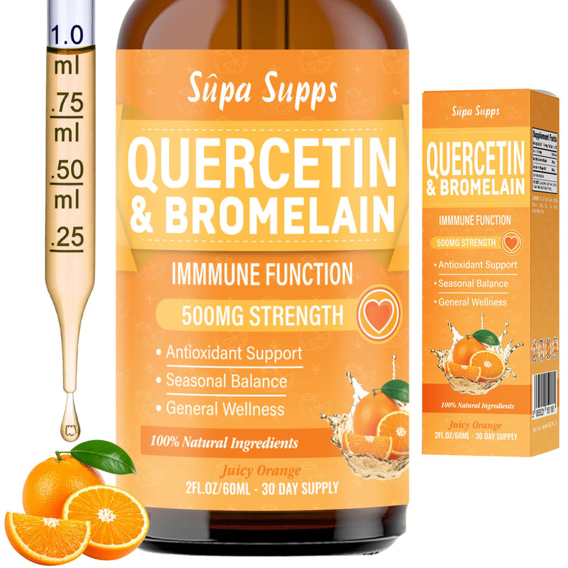 Quercetin Liquid Drops 60ml - High Strength 500mg Per Serving Bromelain Drops - Antioxidant Quercetin Supplement for Absorption - Fast Absorbing Polyphenol Querctin Complex - Orange Flavour