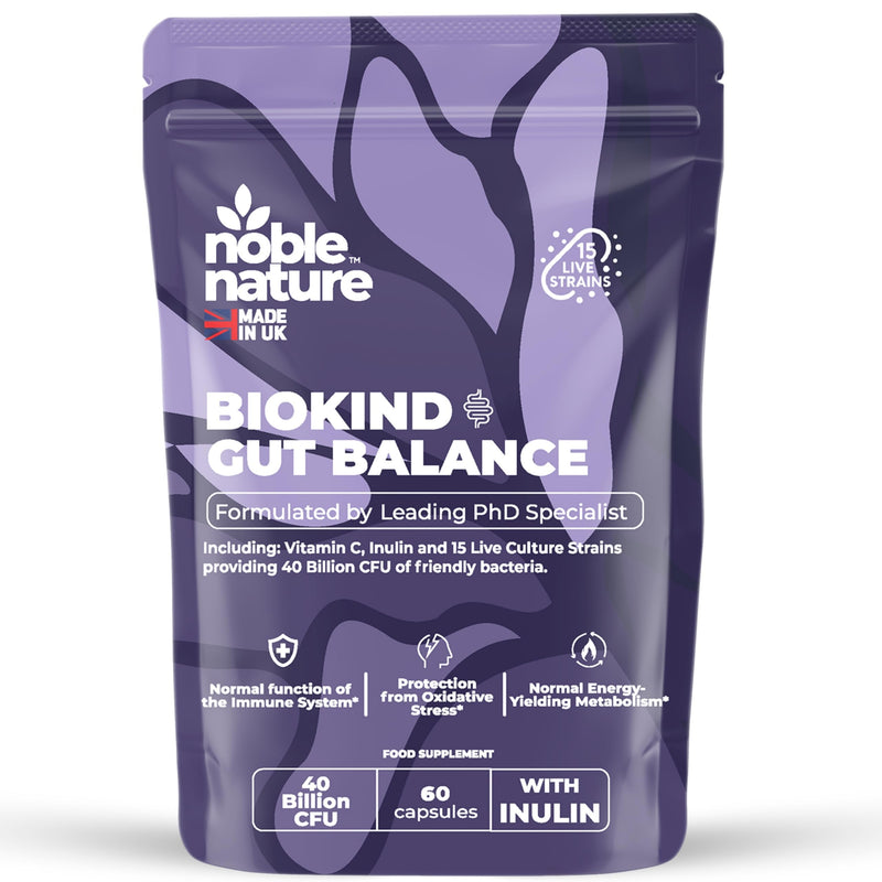 Noble Nature Biokind Gut Balance – 40 Billion CFU Friendly Bacteria - Bio Cultures Complex - 15 Strains - Lactobacillus & Bifidobacterium for Gut, Immune & Digestive Health with Inulin & Vitamin C 60