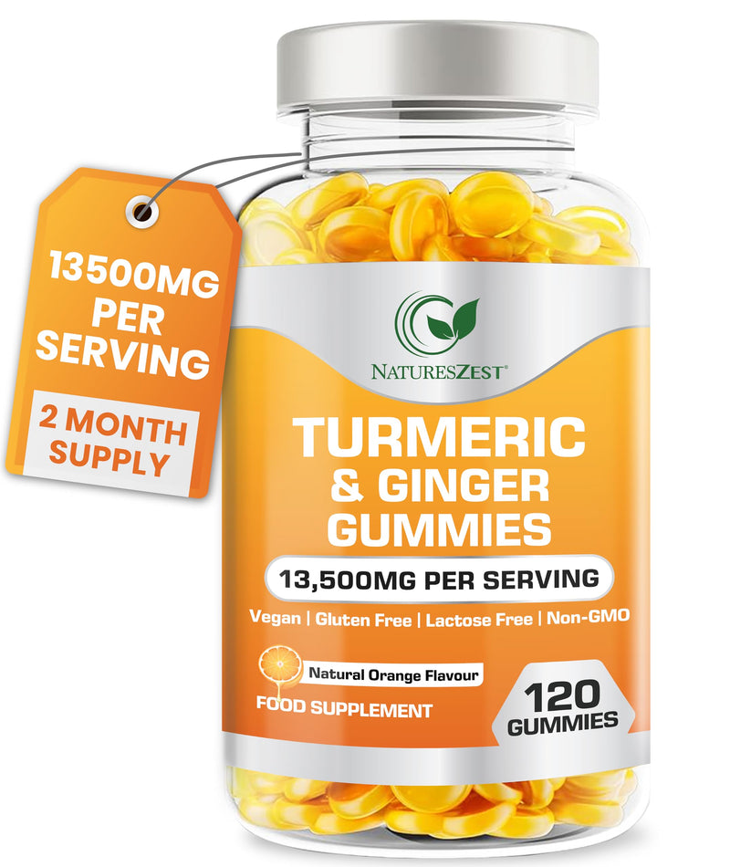 Turmeric and Ginger Gummies High Strength –13,500mg | Joint, Immune & Digestive Support | Vegan, Gluten-Free, Non-GMO, Lactose-Free 120 Chewable Gummies | Natural Orange Flavour by NATURES ZEST 120 count (Pack of 1)
