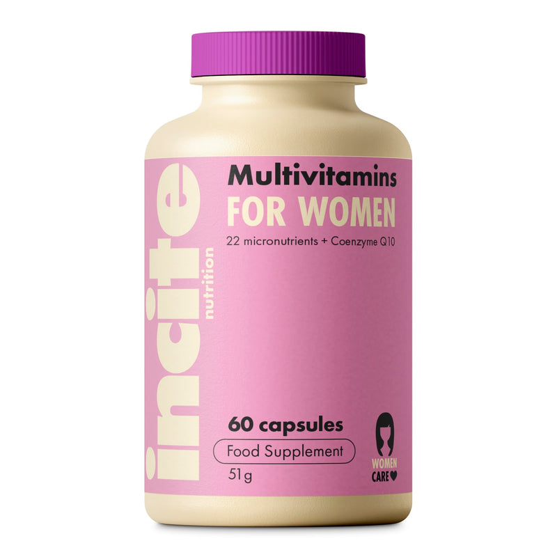 Incite Nutrition Women’s Multivitamins. 60 Capsules. Daily Formula with 22 Essential Vitamins & Minerals + CoenzymeQ10. Immune Support, Energy, Bone Health, Hormone Harmony. Suitable for Vegetarians 60 count (Pack of 1)