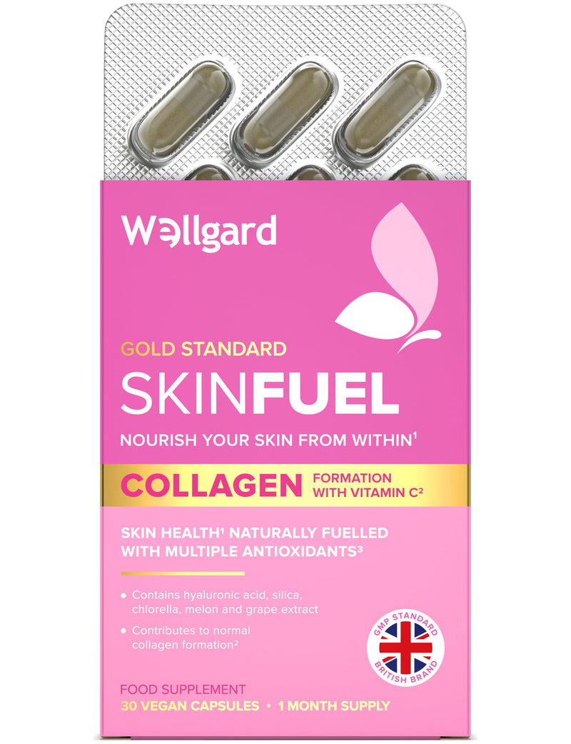 Wellgard Skin Fuel - Hyaluronic Acid, Bamboo Silica, Vitamin C, Zinc, Collagen Support, Vitamins for Skin, Vegan, 30 Capsules