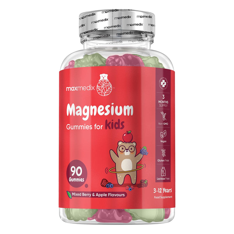 Kids Magnesium Gummies - 90 Gummies - 3 Months Supply - Natural Mixed Berry and Apple Flavours - 727mg of Mg Citrate (80mg Elemental) - 1 per Day - Vegan, Gluten-Free & Lactose-Free Magnesium for Kids