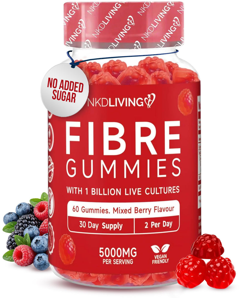 NKD Living High Fibre Inulin Gummies (60 Vegan Gummies) 5g of Fibre per Serving - with 1 Billion Live Cultures - Gut Health and Digestive System Support 1 count (Pack of 60)