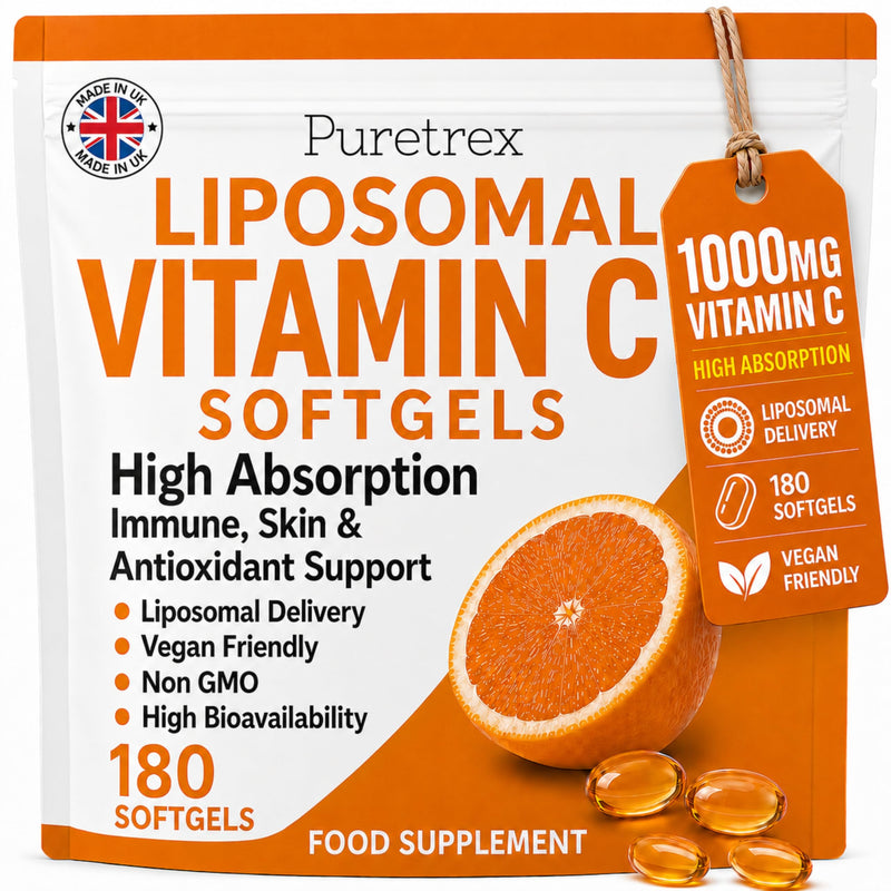 PURETREX Liposomal Vitamin C 1000mg Softgels, Zinc Quercetin BioPerine Complex, Vegan Daily Nutrition Supplement, Gentle Capsule Formula, Clean Non GMO, Made in UK, 180 Softgels