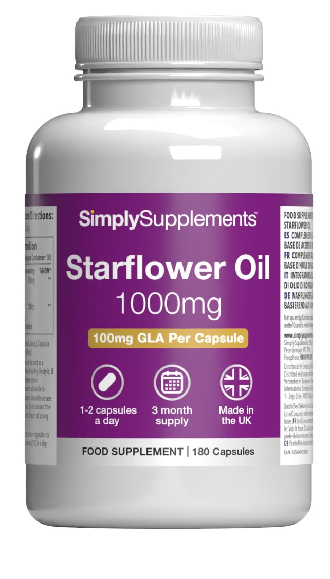Starflower Oil 1000mg | High Strength Borage Oil Softgels with GLA | 180 Softgels | Cold-Pressed | Made in The UK Unflavoured 1 count (pack of 180)