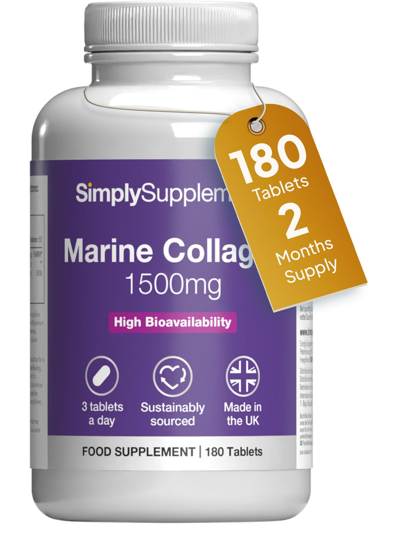 High Strength Marine Collagen | Supports Healthy Skin, Joints & Bones | with Vitamin C for Collagen Formation | 180 Tablets = 60 Days’ Supply | Made in The UK in Accordance with GMP Standards. Unflavoured 1 count (Pack of 180)