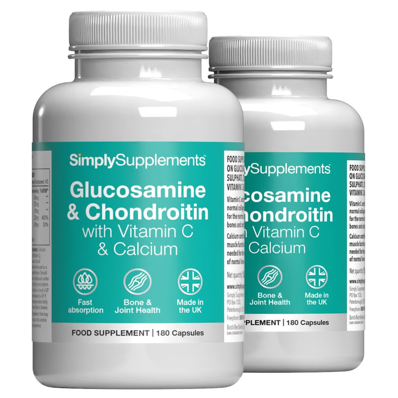 Glucosamine Sulphate & Chondroitin Complex | With Vitamin C & Calcium for Bone & Muscle Support | Supports Joint Health & Cartilage Function | 360 Capsules = 3 Months’ Supply | GMP-Certified & UK-Made Unflavoured 180 count (Pack of 2)