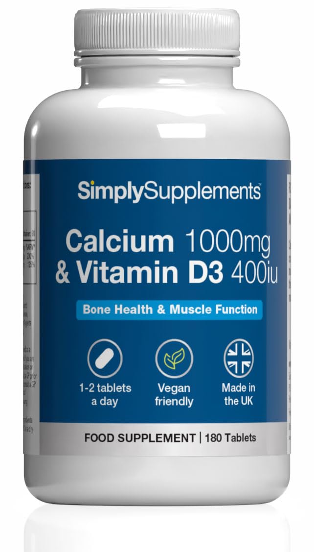 Calcium 1000mg & Vitamin D3 400iu | Supports Bone & Teeth Health | Contributes to Normal Muscle Function | Vegan & Vegetarian Friendly | 180 Tablets = 3 Months’ Supply | GMP-Certified & UK-Made Unflavoured 1 count (Pack of 180)