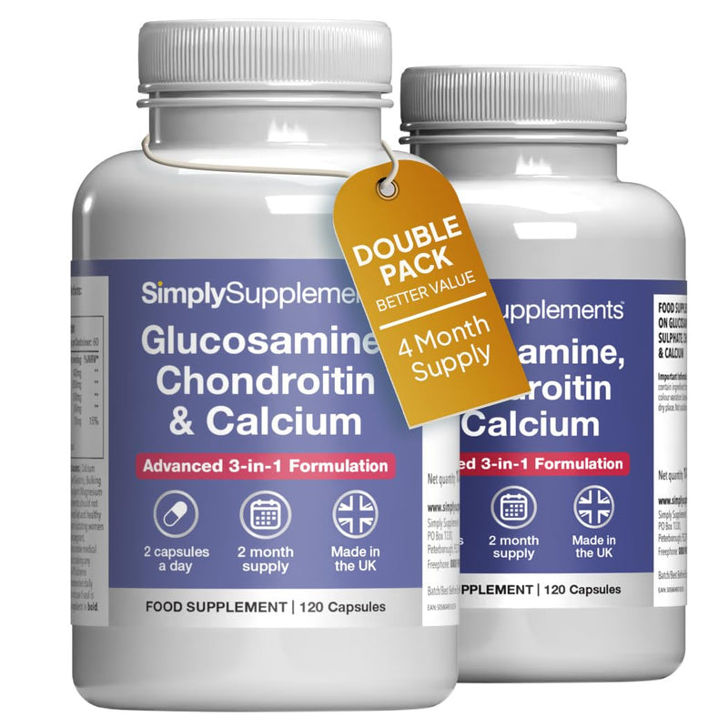 Glucosamine, Chondroitin & Calcium Supplement | Supports Bone & Muscle | 2KCl Glucosamine Sulphate & Chondroitin Sulphate | 240 Capsules = 4-Month Supply | Made in The UK to GMP Standards Unflavoured 1 count (Pack of 240)