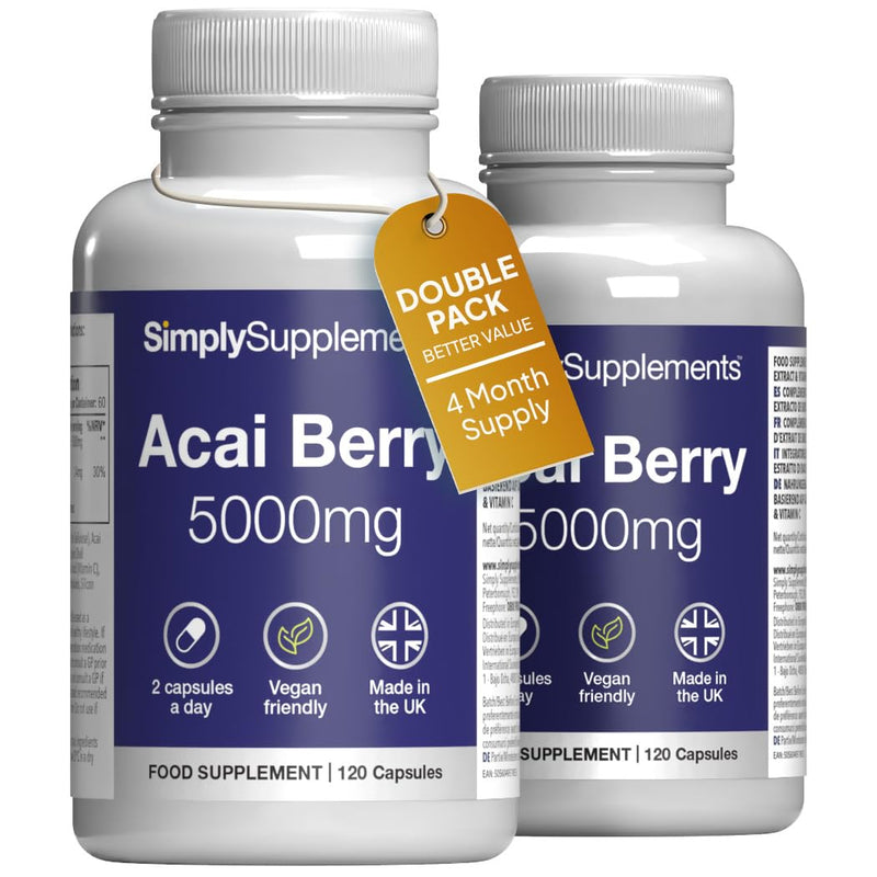 Acai Berry 5000mg Capsules | with Vitamin C | Supports Immune System & Collagen Formation | Freeze-Dried Extract | Vegan Friendly | 240 Capsules = 4-Month Supply | UK Made Unflavoured 1 count (Pack of 240)
