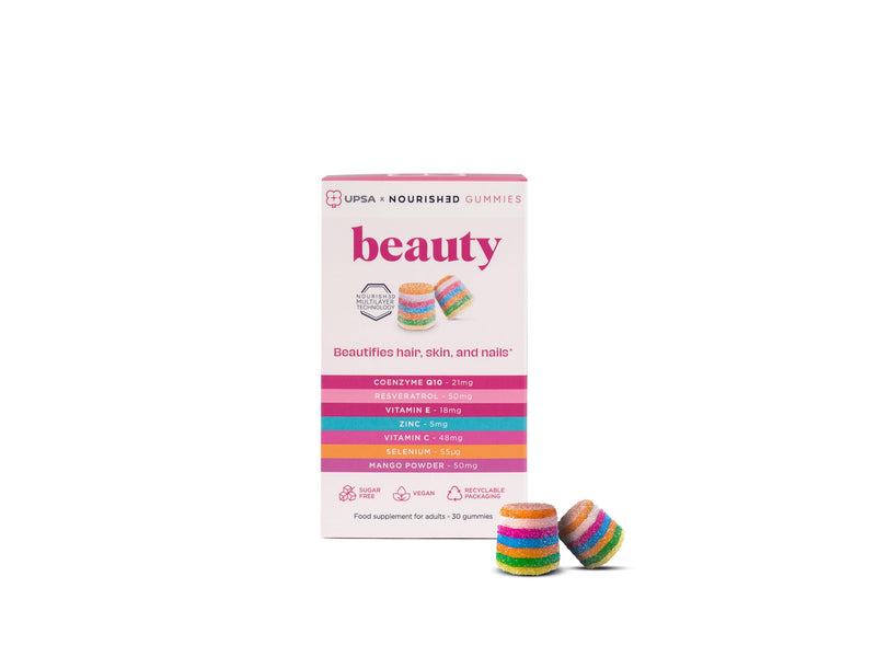 UPSA x Nourished 7-in-1 Beauty Gummies for Women - Vitamin C & E, Mango Powder, Selenium, Coenzyme Q10, Resveratrol, Multivitamin Gummy Hair Skin and Nails Vitamins - 30 Vitamin Gummies