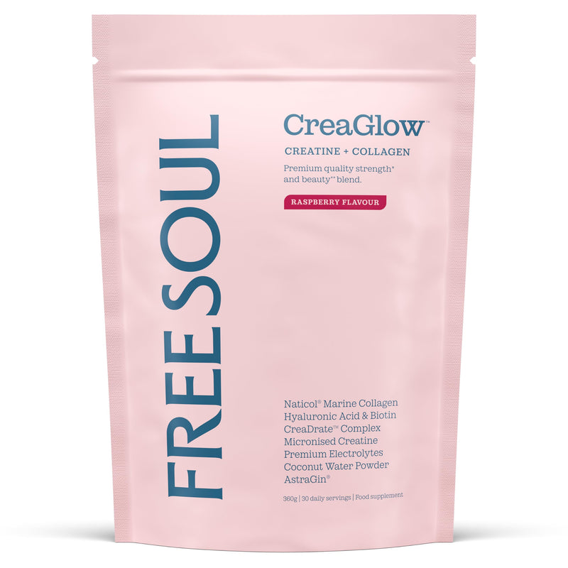 CreaGlow™ Naticol Marine Collagen + Creatine Monohydrate + Electrolytes Powder | Glow & Strength All in 1 with Magnesium, Vitamin C, Biotin & Hyaluronic Acid | Raspberry Flavoured | Free Soul 360g