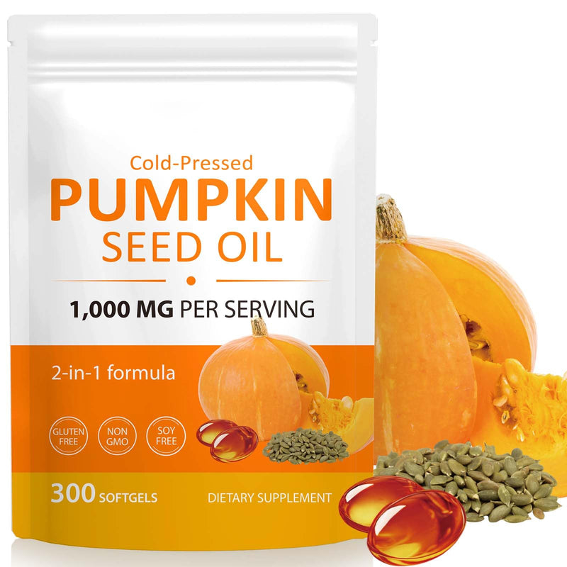 Pumpkin Seed Oil Capsules, 300 Softgels Cold Pressed Pumpkin Seed Oil Softgels Rich in Essential Omega-3/6 Fatty Acids & Zinc, Phytosterols for Hair Growth Supports Prostate Function