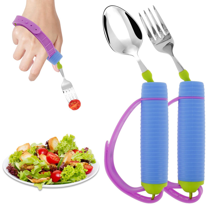 Adaptive Utensils Spoons Forks Set with Adjustable Silicone Strap and Nonslip Handle 360° Rotatable Adaptive Eating Utensils Easy Grip Cutlery for Elderly Disabled Arthritis Parkinson Disease